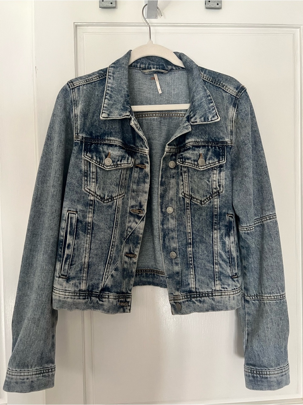 Free People Distressed Light Blue Denim Jacket